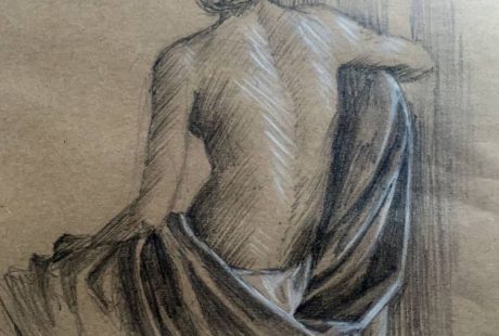 Drawing on brown paper from a photo reference of Carnet Durieu that Delacroix used in pencil graphite and white pencil back of a woman on a chair with drapery Giulia Caruso 2014 www.gcaruso.art